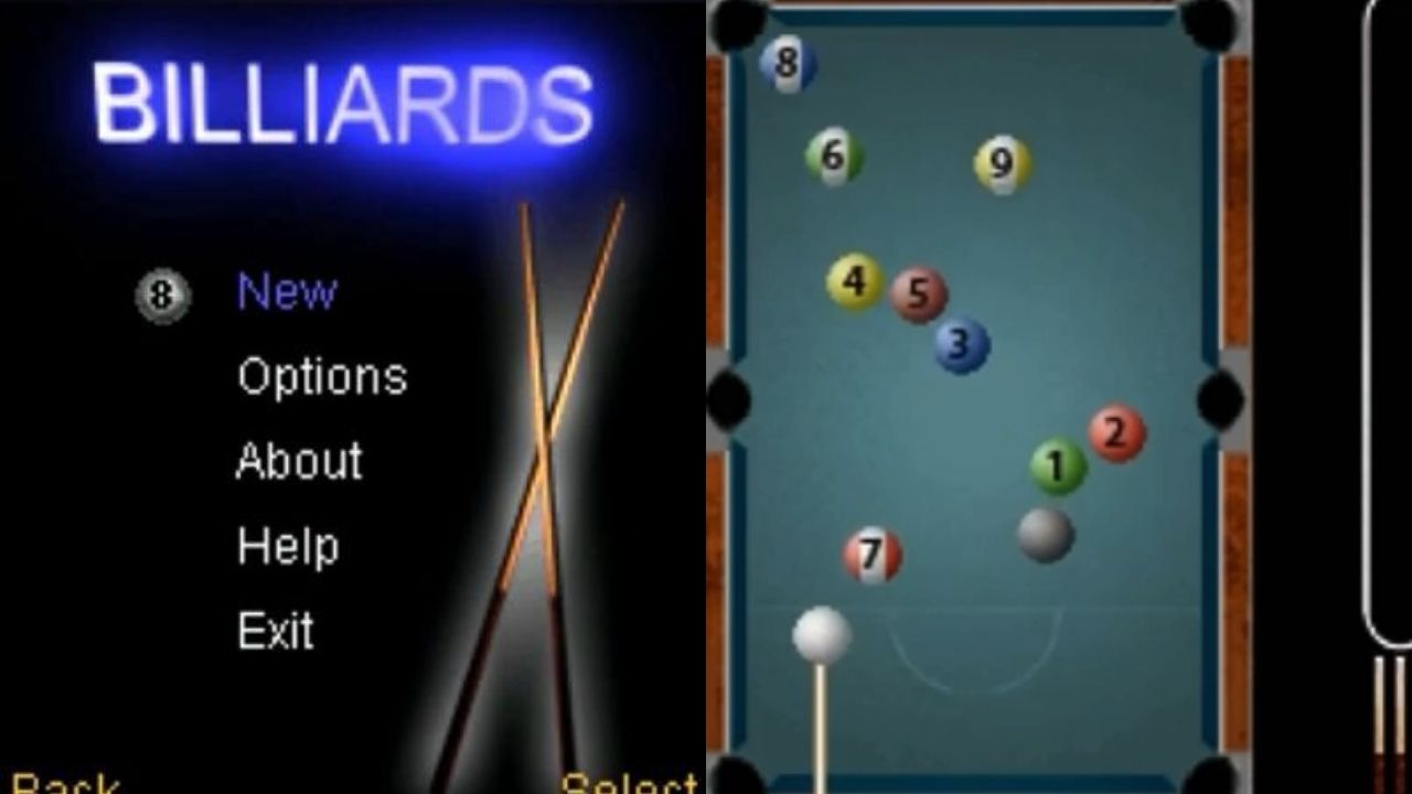 Menú de juego de billar en pantalla