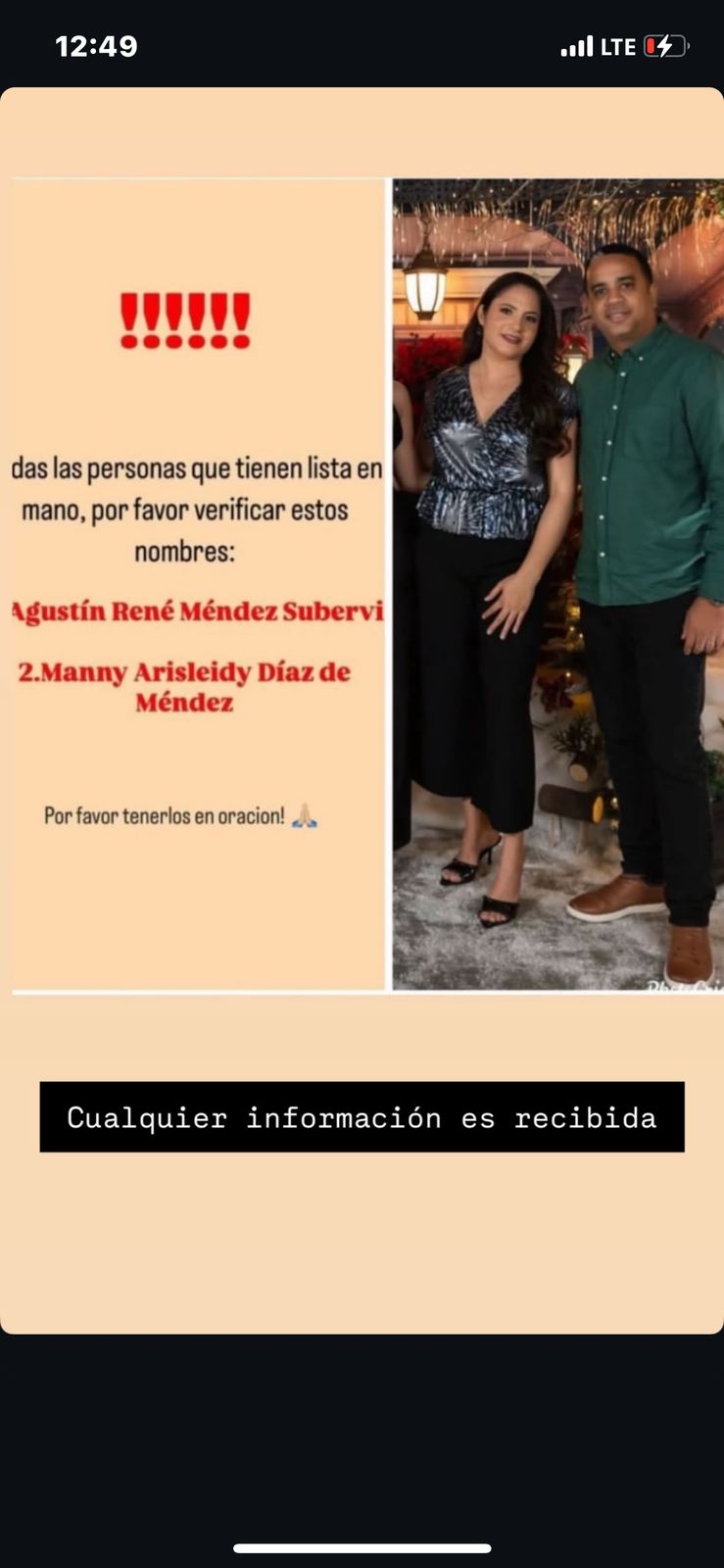Aviso de verificación con nombres y foto de una pareja.