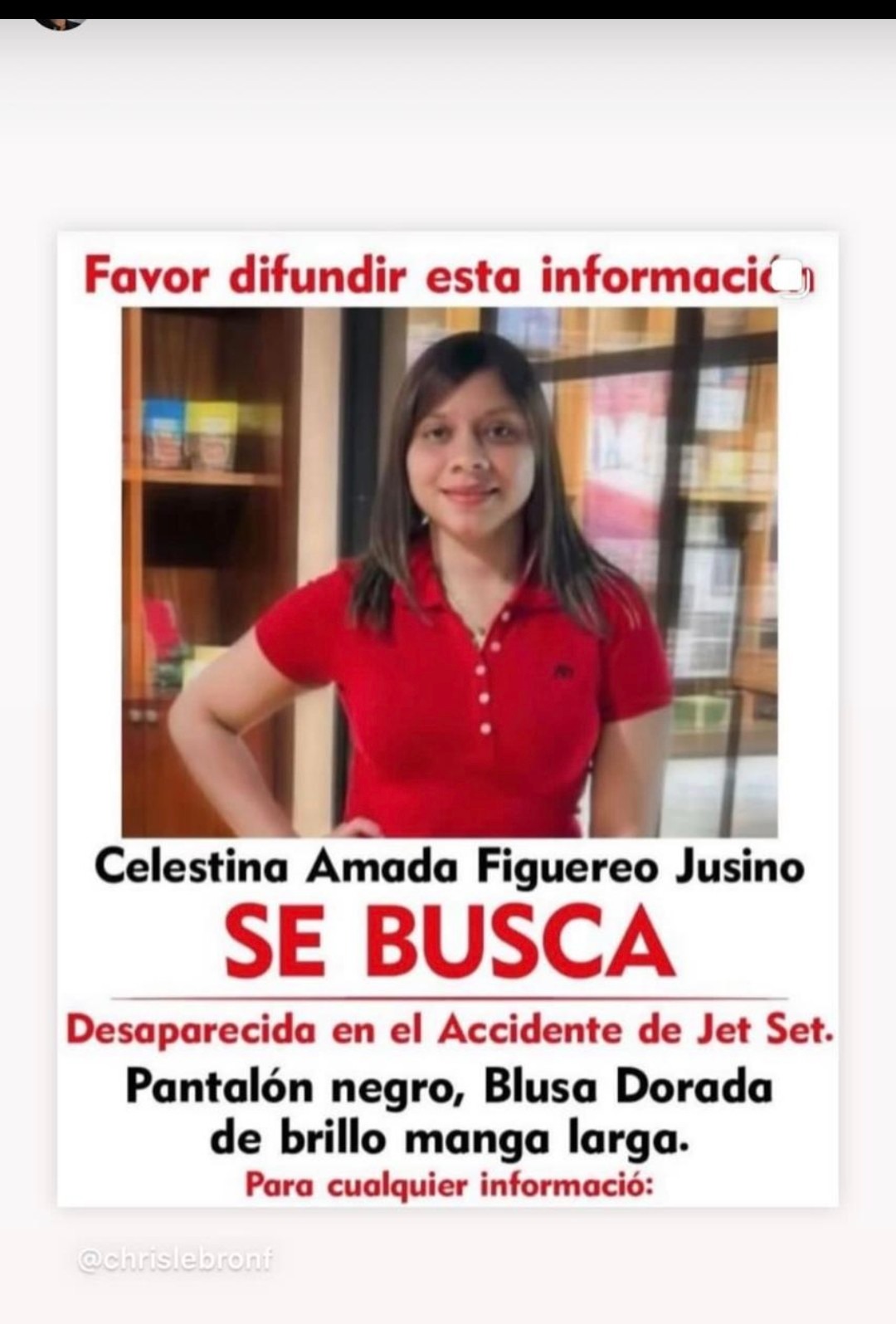 Cartel de persona desaparecida, información de contacto.