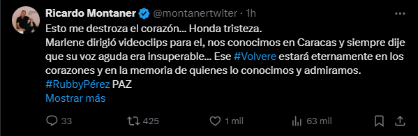 Tuit de Ricardo Montaner sobre pérdida y homenaje musical.