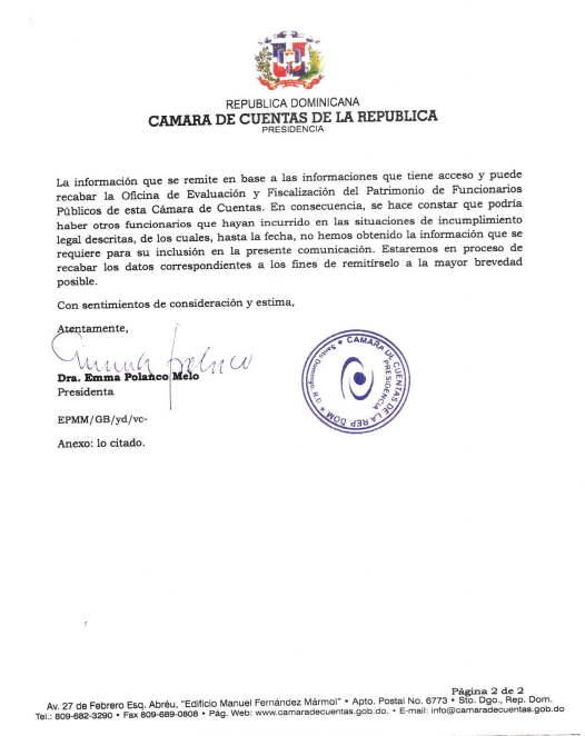 Carta oficial de la Cámara de Cuentas dominicana.
